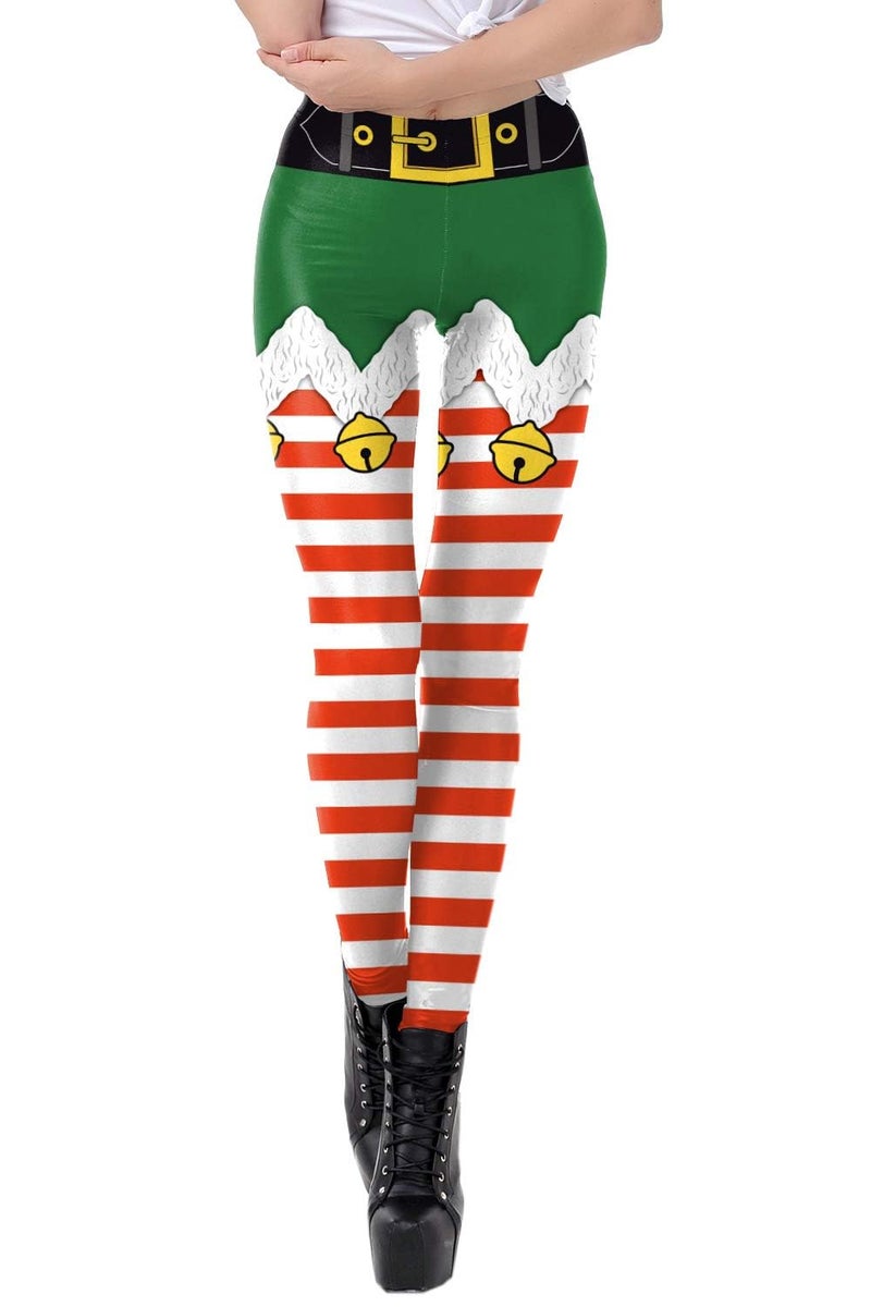Pincuttee Christmas Leggings for Women Soft Green Stripe Stretchy Holiday Pants US S/M DK059 - Image 1